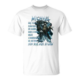 Personalisiertes Wolfsmotiv T-Shirt Michael im Sturm, Namensträger Design - Seseable