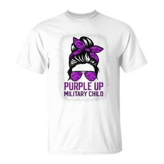 Purple Up Military Kids Military Child Month Messy Bun Army T-Shirt - Seseable