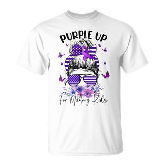 Purple Up For Military Kids Child Month Messy Bun Floral Unisex T-Shirt | Mazezy