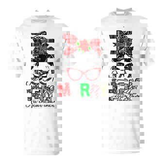 Red Plaid One Merry Art Teacher Teacher Messy Bun Xmas T-shirt - Thegiftio