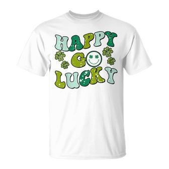 St Patricks Day Happy Go Lucky Shamrock Irish Retro Groovy Unisex T-Shirt | Mazezy