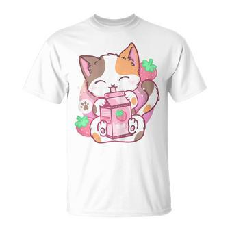 Strawberry Shake Strawberry Milk Cat Kawaii Neko Anime T-Shirt - Seseable