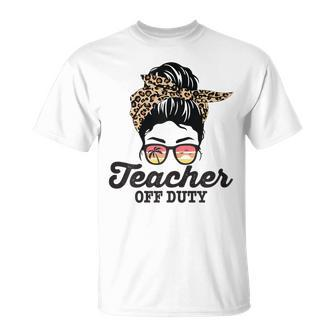 Teacher Off Duty Leopard Messy Bun Glasses Gift For Womens Unisex T-Shirt | Mazezy