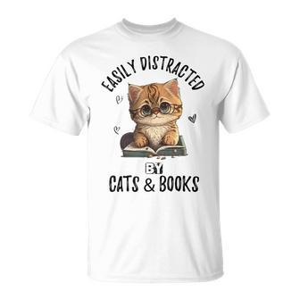 Vintage Easily Distracted By Cats And Books Kitties Lover T-Shirt - Seseable