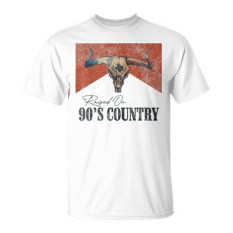 Vintage Raised On 90S Country Music Bull Skull Western Unisex T-Shirt | Mazezy