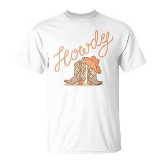 White Howdy Rodeo Western Country Southern Cowgirl Hat Boot T-Shirt - Seseable