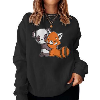 Cute Kawaii Panda Hugging Red Panda Women Graphic Long Sleeve T