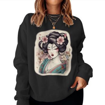 Japanese Geisha Tattoo Women Women Long Sleeve T-shirt | Mazezy