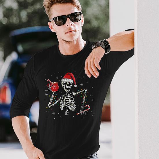 Christmas Skeleton With Smiling Skull Drinking Coffee Latte V6 Men Women Long Sleeve T shirt Graphic Print Unisex Seseable UK