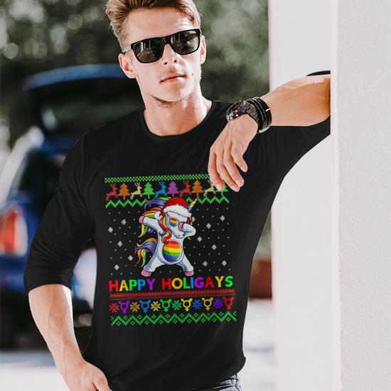 Gay Christmas Sweater Happy Holigays Rainbow Dabbing Unicorn Men Women Long Sleeve T Shirt T shirt Graphic Print Thegiftio UK