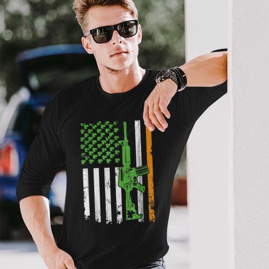 Irish American Flag Shirt Gun St Patricks Day Shirt Long Sleeve T Shirt T Shirt Mazezy UK