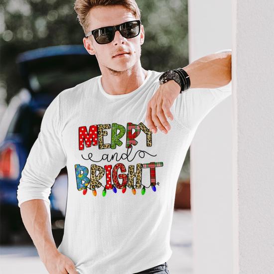 Women's Merry And Bright Christmas Graphic Long Sleeve Top - Splicing Letter Print T-Shirt