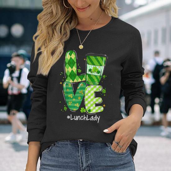 Cute Lucky Love Lunch Lady Happy St Patricks Day Outfit Long Sleeve T Shirt Seseable UK