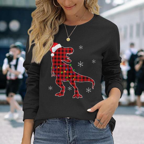 T Rex Red Buffalo Plaid Dinosaur Christmas Pajamas Family Men Women Long Sleeve T shirt Graphic Print Unisex Seseable UK