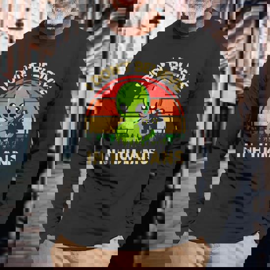 I Dont Believe In Humans Alien Ufo Cat Vintage Retro Long Sleeve T-Shirt | UK