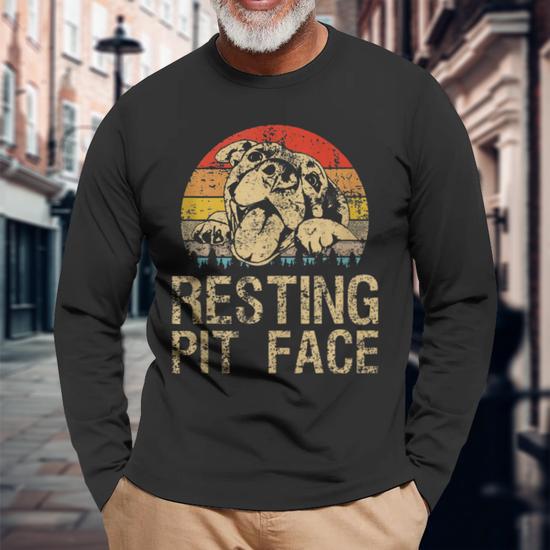 Pitbull Resting Pit Face Vintage Pitbull Lovers Long Sleeve T Shirt Seseable UK