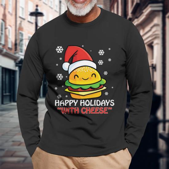 Ugly Christmas Sweater Burger Happy Holidays With Cheese V16 Long Sleeve T Shirt Monsterry