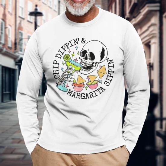 Chippin Dippin Margarita Sippin Skull Unisex Long Sleeve T-Shirt - Close-up