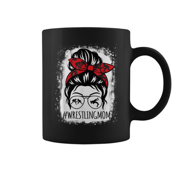 Wrestling Mom Mothers Day Messy Bun Hair Glasses Bleached Coffee Mug