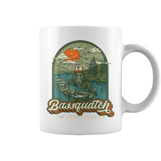 Bassquatch The Legend Lives Funny Bigfoot Bass Fishing Coffee Mug