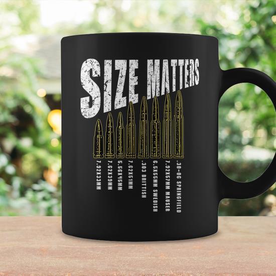 Size Matters Ammo Bullet Gun Rifle Caliber Funny Pun Coffee Mug | Mazezy