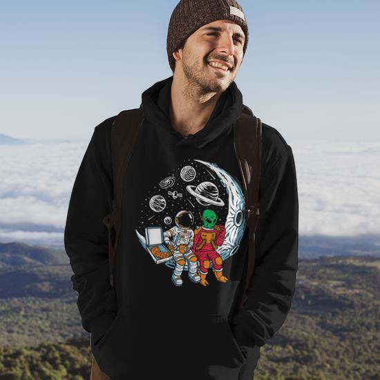 Funny Astronaut And Alien Love Eating Pizza Exploring Space Hoodie Seseable UK