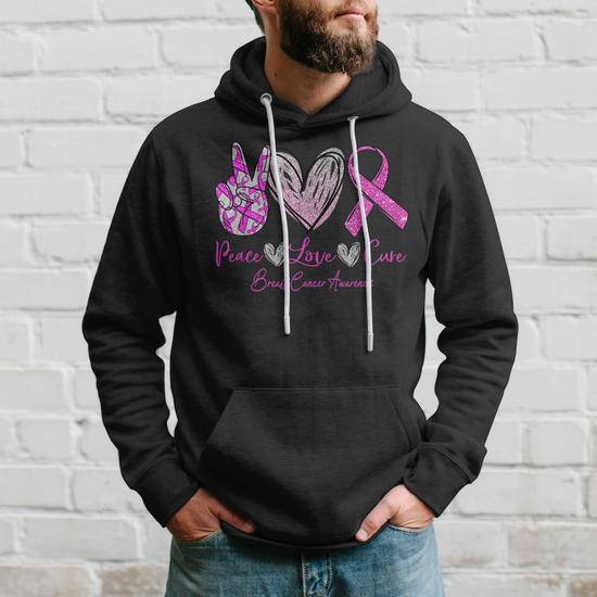 Peace Love Cure Pink Ribbon Cancer Breast Awareness Month Men Hoodie Thegiftio UK