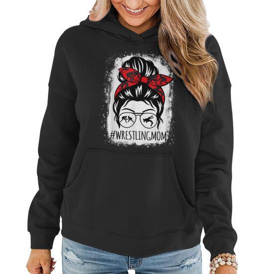 Wrestling Mom Mothers Day Messy Bun Hair Glasses Bleached Women Hoodie