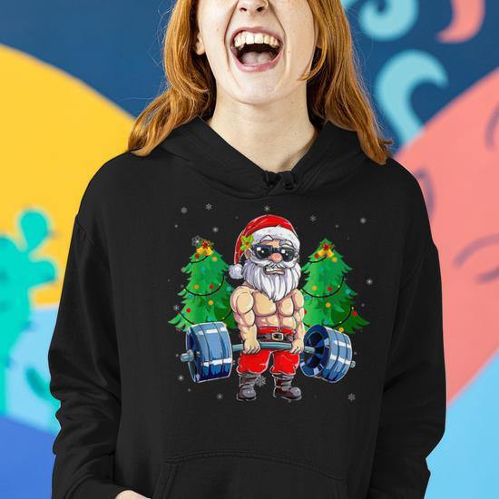 Weightlifting Fitness Gym Deadlift Santa Claus Christmas Day Women Hoodie Graphic Print Hooded Sweatshirt Thegiftio UK