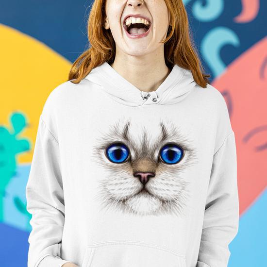 Blue Eyed Realistic Cat Face Women Hoodie Monsterry UK