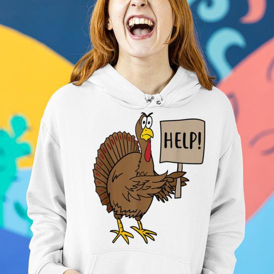 Turkey Holding Help Sign Vegan Thanksgiving Fall Top Women Hoodie Graphic Print Hooded Sweatshirt Thegiftio UK