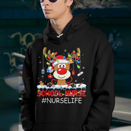 Christmas School Nurse Life Reindeer Lights Xmas Pjs Holiday Youth Hoodie Seseable UK