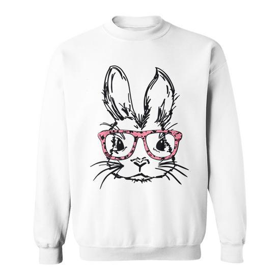 Cute Bunny With Glasses Leopard Print Easter Bunny Face Sweatshirt Mazezy UK