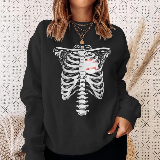 Baseball Heart Skeleton Rib Cage Halloween Love Baseball Men Women Sweatshirt Graphic Print Unisex Thegiftio UK