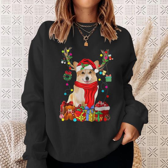 Santa Corgi Reindeer Light Christmas Dog Lover Men Women Sweatshirt Graphic Print Unisex Thegiftio UK