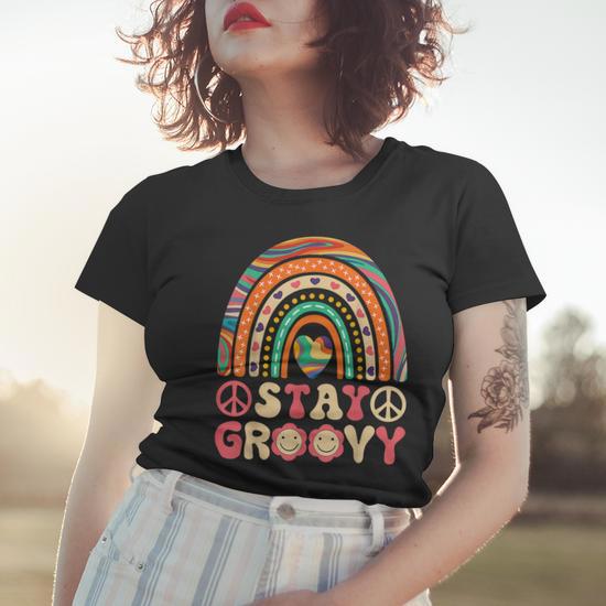 Stay Groovy 60S Outfit 70S Theme Costume Cute Rainbow Hippie Women T shirt Thegiftio UK