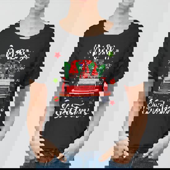 Three Gnomes In Red Truck With Merry Christmas Tree T-Shirt