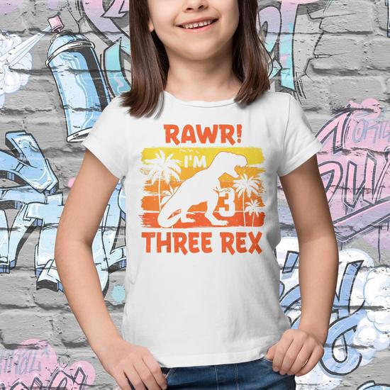 Kids Three Rex Birthday Party Outfit Dinosaur 3 Year Old Boy Youth T shirt Mazezy UK