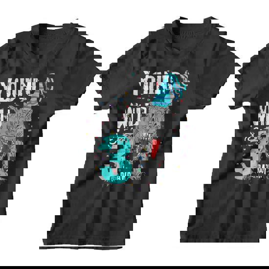 Kids Young Wild And Three (3) Dinosaur T-Rex Birthday Shirt Boys