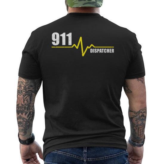 911 Dispatcher Heartbeat Thin Gold Line Men s Back Print T shirt Mazezy