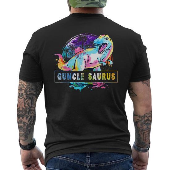 Guncle Saurus Dinosaur T-Rex Rainbow Pride Color Gay Uncle Men's Back T-Shirt