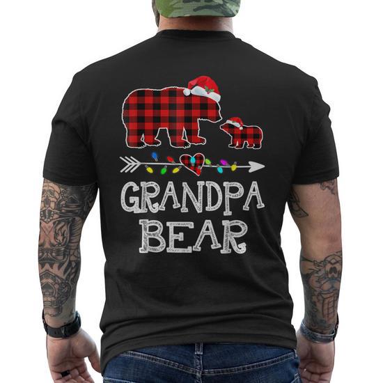 Red Plaid Grandpa Bear and Kid Christmas Light Santa Hat Men's Back T-Shirt