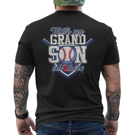 Thats My Grandson Out There Baseball Grandparents Gift Mens Back Print T- shirt | Mazezy
