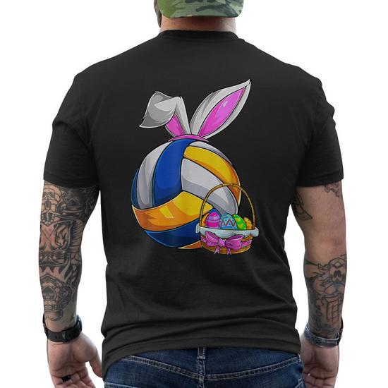 Volleyball Easter Bunny Ears Easter Eggs Hunting Basket Men's Back Print  T-shirt