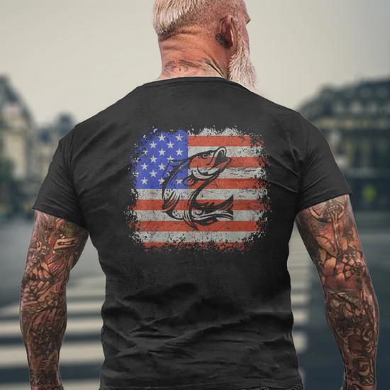 Fishing American Flag  American Flag Fishing Print on Back T