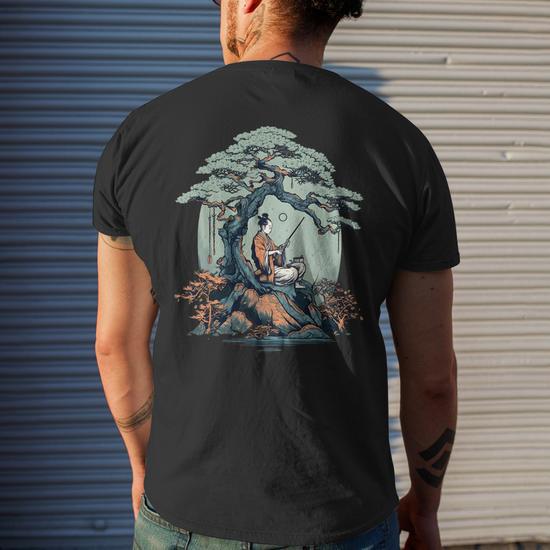 Relaxing Samurai Bonsai Tree Men's Back Print T-shirt | Mazezy
