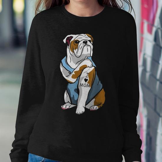 Funny English Bulldog Dog I Love Mom Tattoo Lover Gift Women Crewneck Graphic Sweatshirt Seseable CA