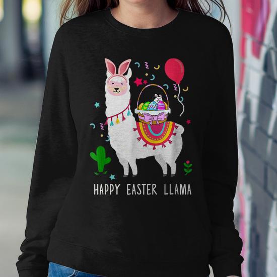 Happy Easter Llama Easter Day Bunny Eggs Kids Women Sweatshirt Mazezy