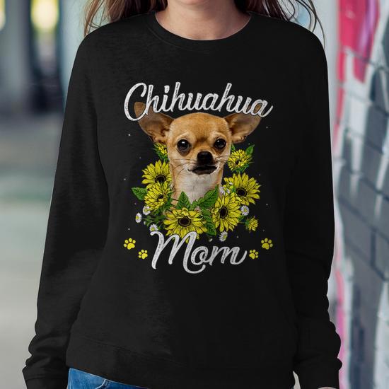 Womens Dog Mom Mothers Day Sunflower Chihuahua Mom Puppy Lover Women Crewneck Graphic Sweatshirt Thegiftio