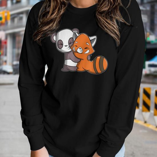 Cute Kawaii Panda Hugging Red Panda Women Graphic Long Sleeve T